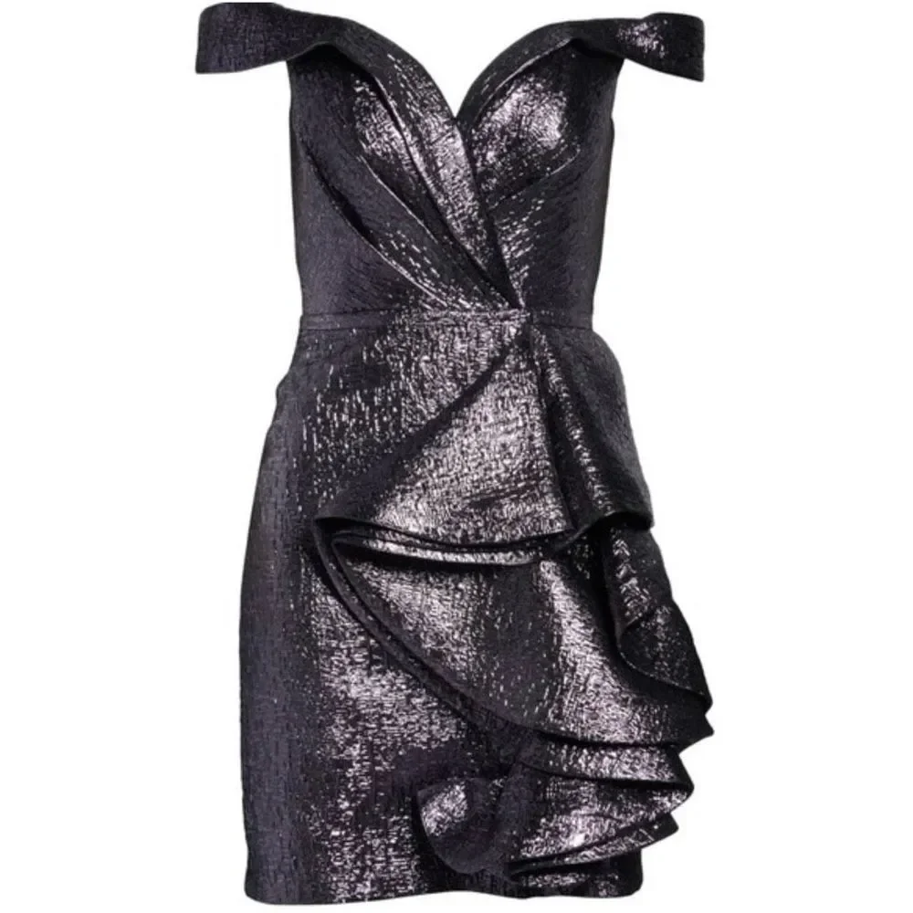 Mac Duggal Off Shoulder Metallic Amethyst Side Ruffle Cocktail Dress Size 14 - Picture 3 of 16